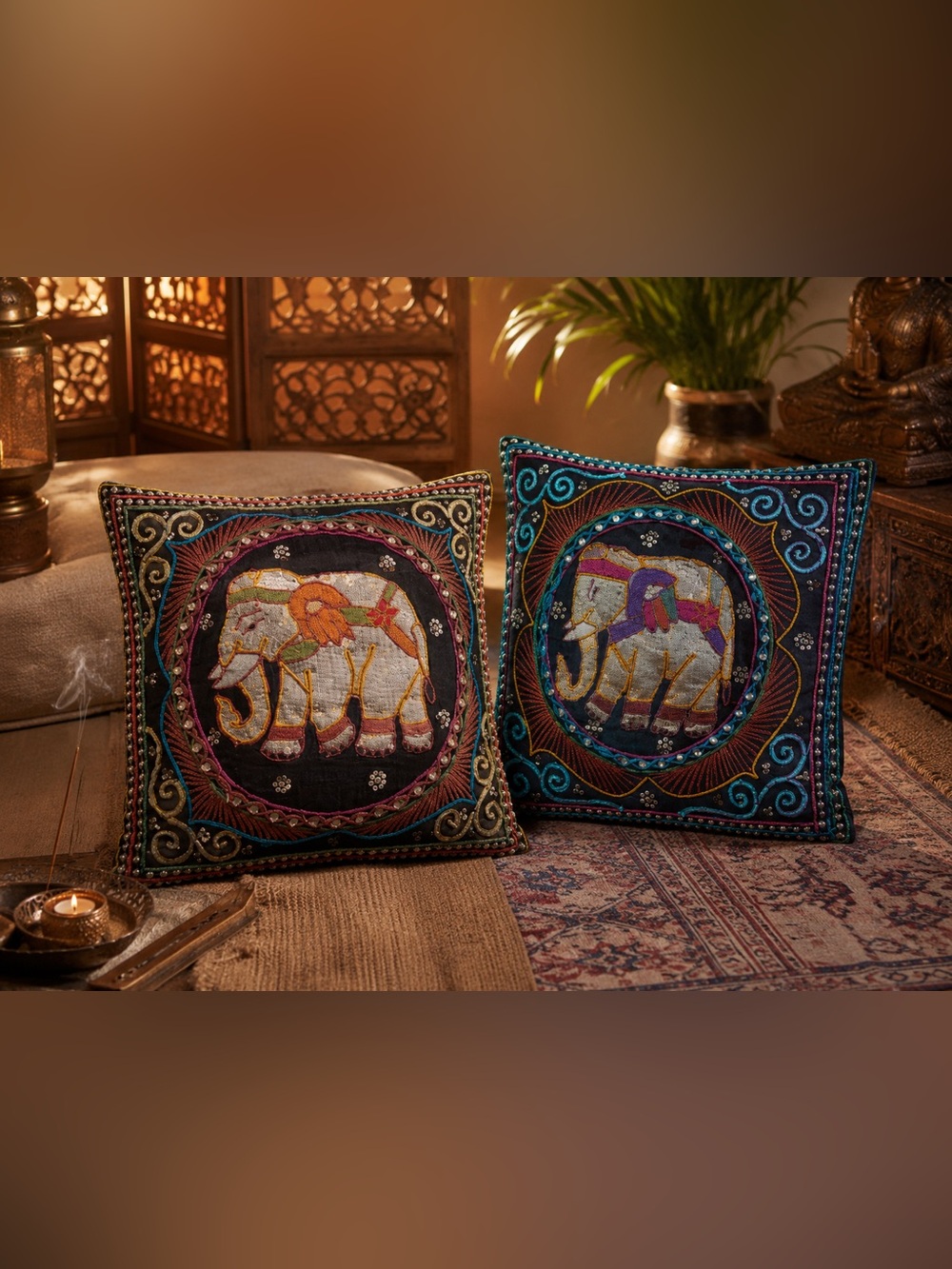 🐘 Set of 2 Embroidered Elephant Pillow Covers • Hand-Beaded Sequin Mirrorwork